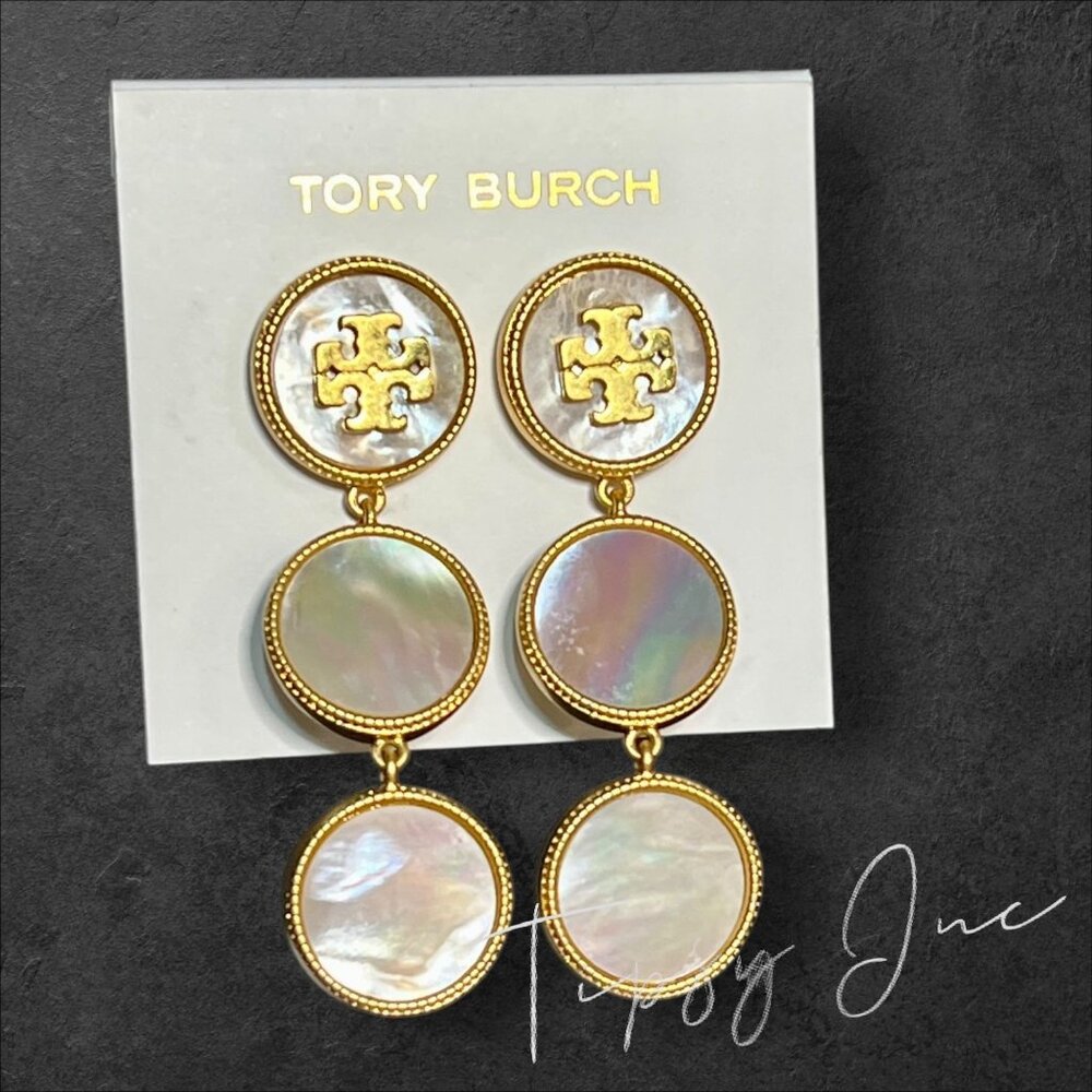 Tory Burch Mother of Pearl Gold Logo Drop Earrings - Picture 2 of 6